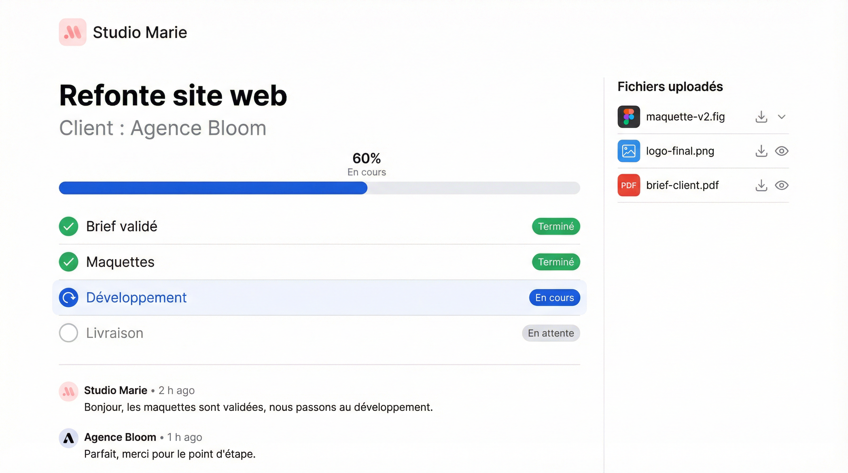Suivi de projet ClientPro — progression, étapes, fichiers et messagerie intégrée