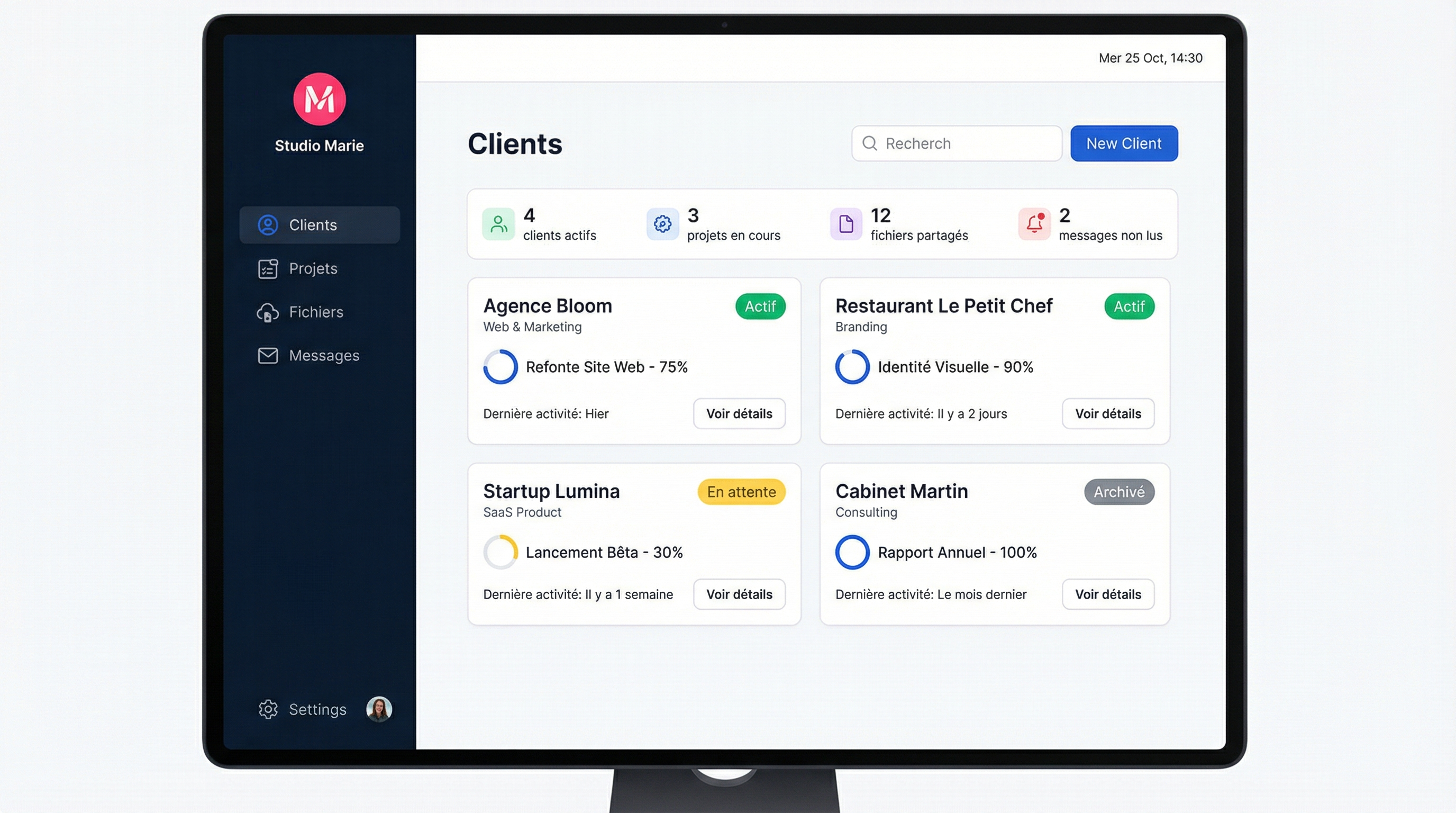 Dashboard ClientPro — vue indépendant avec liste de clients, missions et fichiers