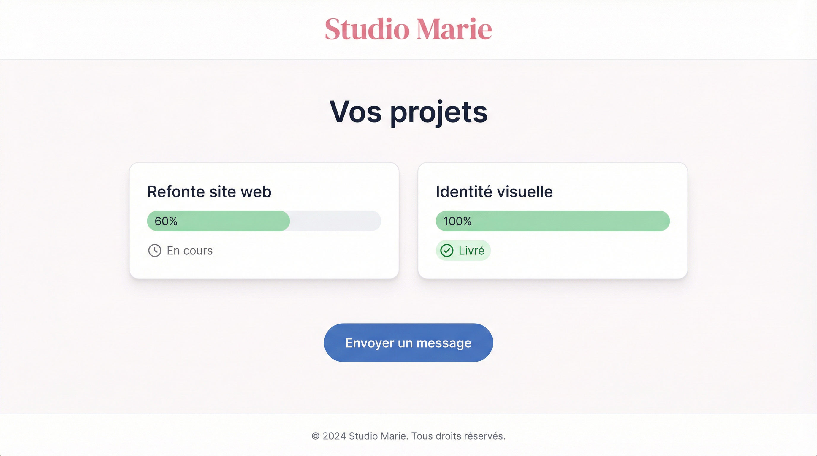 Portail client brandé — vue que le client voit avec ses missions et progression